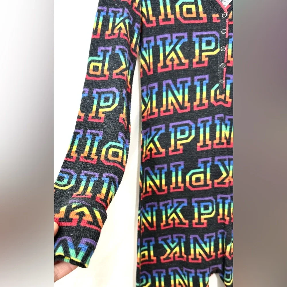 PINK Victoria’s Secret Rainbow Graphic Long Jane Thermal Onesie Pajamas Size XS